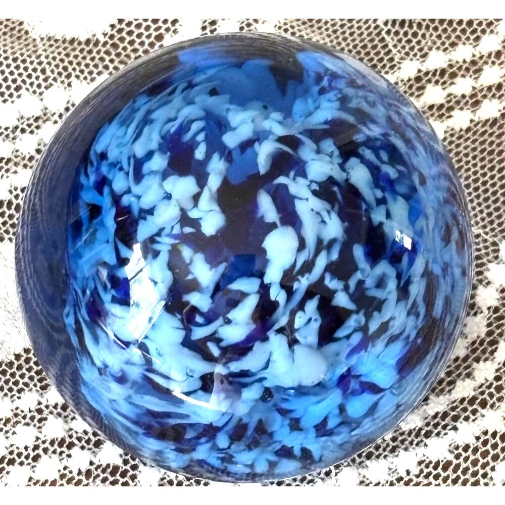 VTG Art Glass Paperweight Cobalt Blue White Confetti Hand Blown Studio Decor